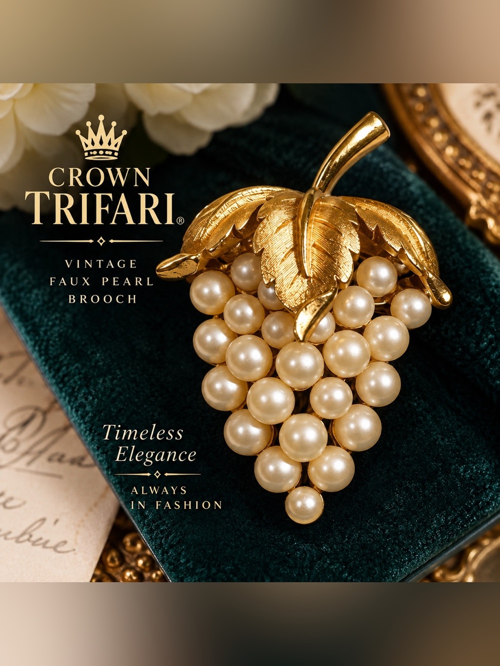 Crown Trifari Gold Tone Faux Pearl Grape Brooch with Cream Pearls